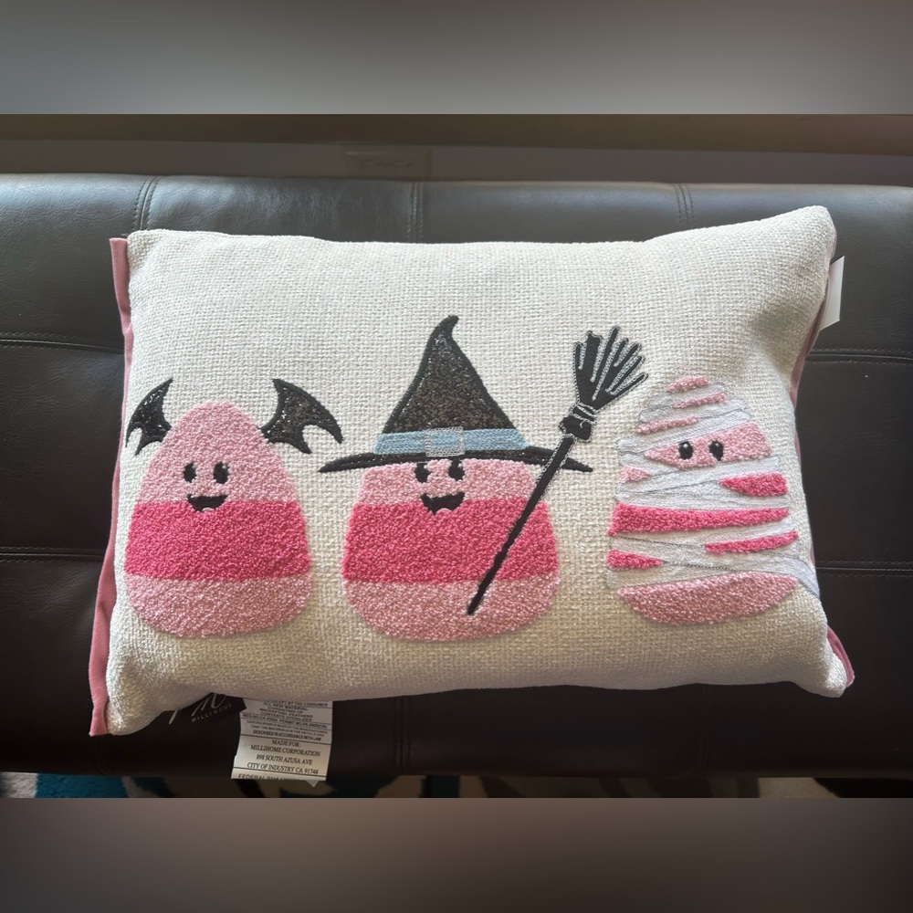 Pink Candy Corn Halloween Pillow